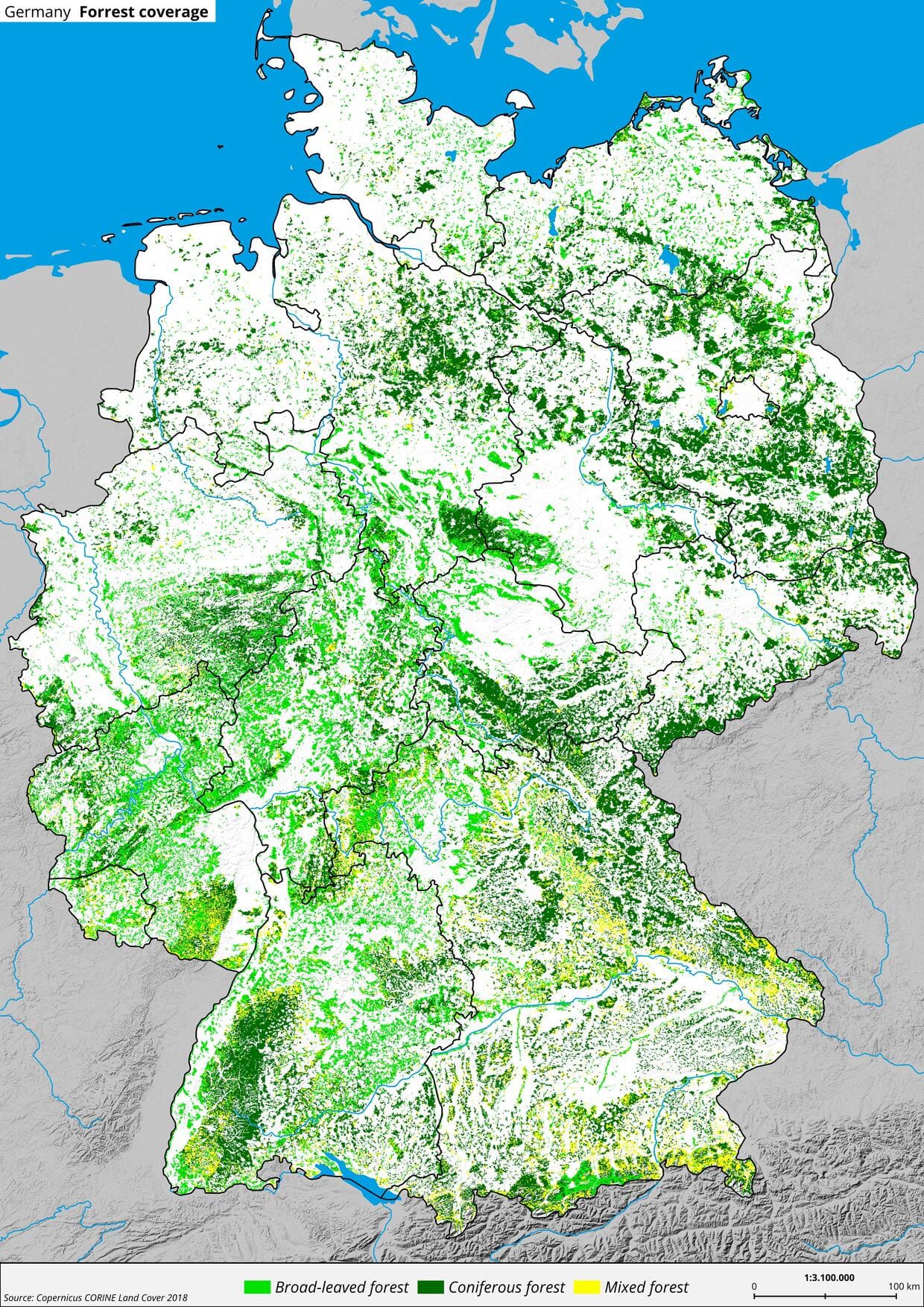 Germany forest coverage map. Created by Oskar Westmeijer with QGIS.