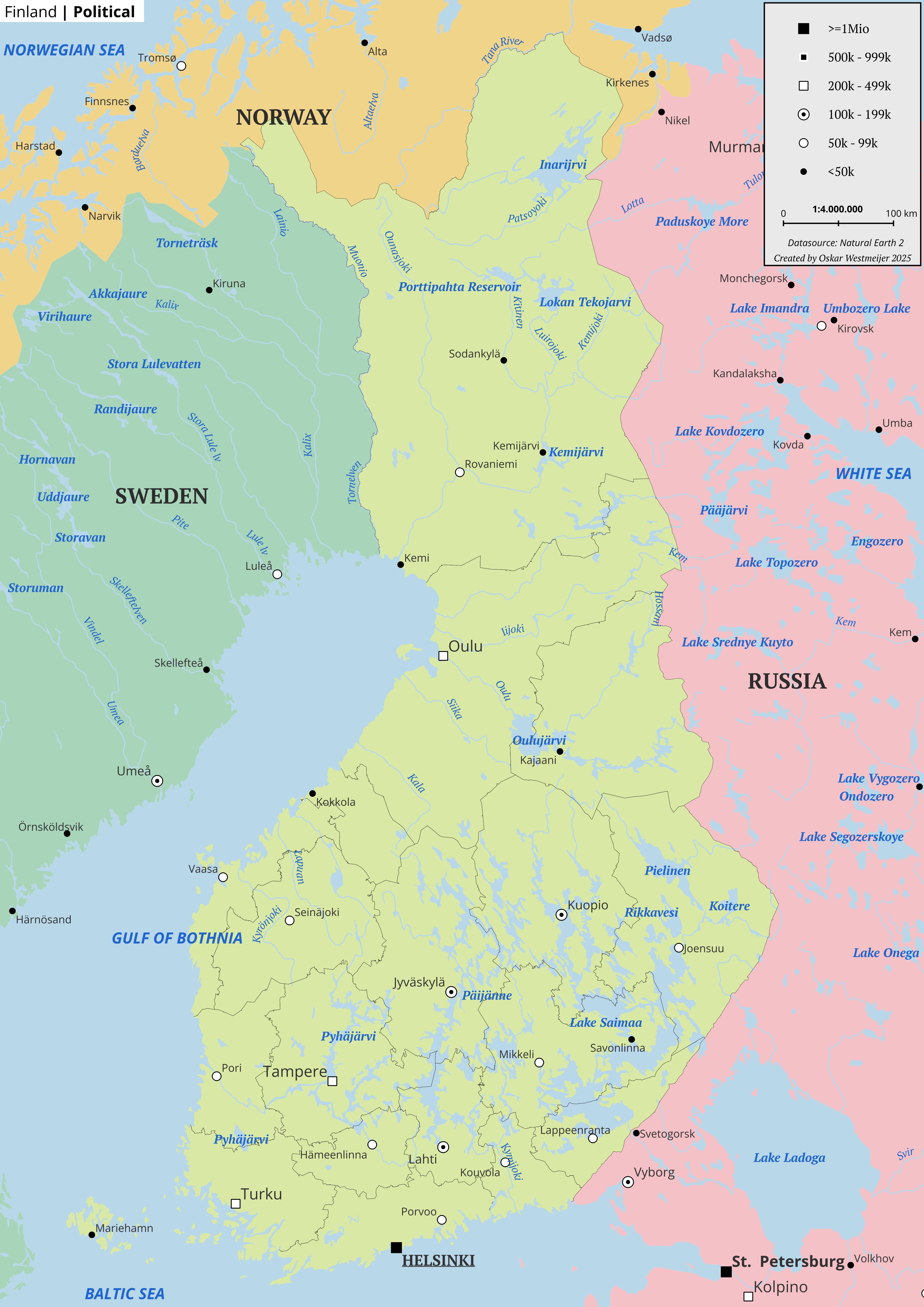 Political map of Finland and neighbours.