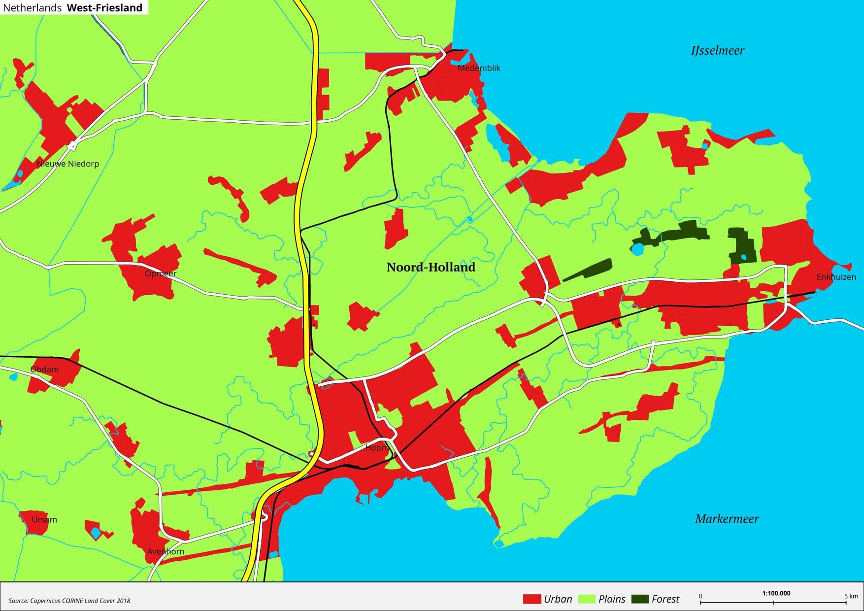 Map of West Friesland in the Netherlands. Created by Oskar Westmeijer with QGIS.